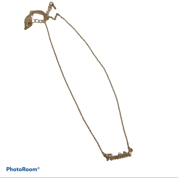 Small Gold tone w Rhinestones Feminist Necklace - Picture 8 of 8